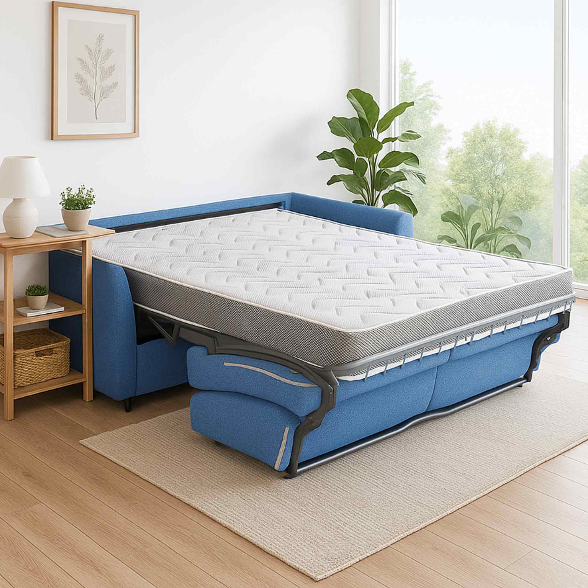 Canapé avec un lit convertible en dessous, avec un système italien nommé Rapido, pour une ouverture très facile