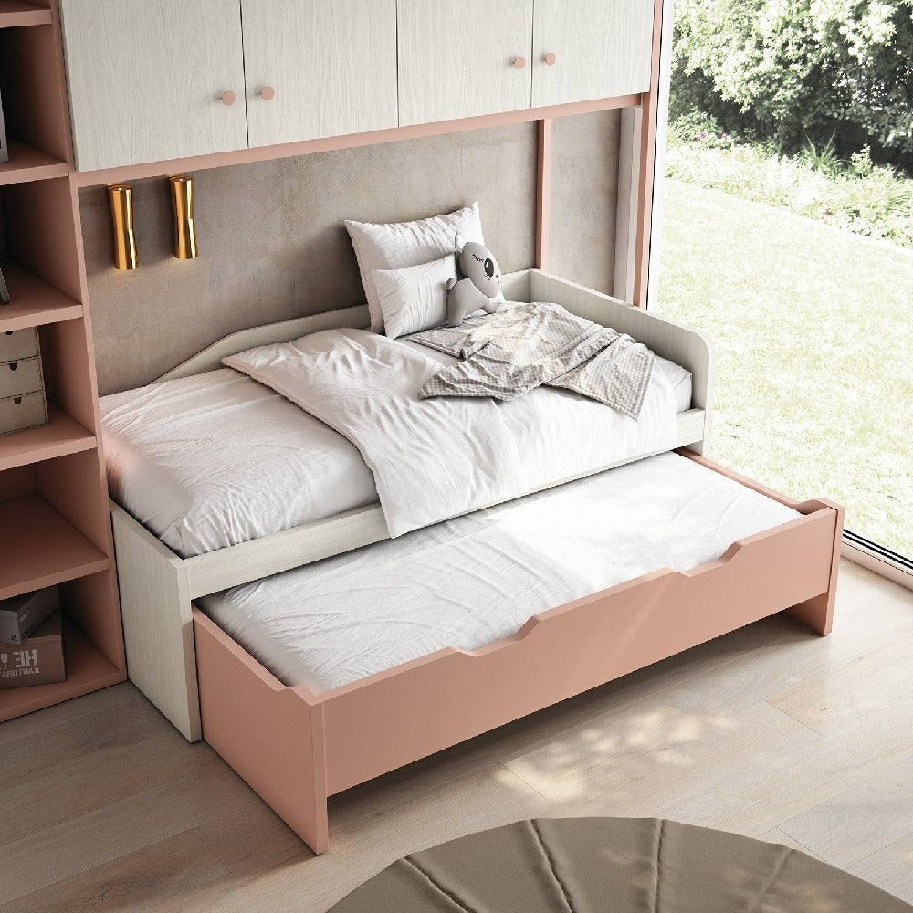 Lit gigogne , jumeau pour enfant et adolescents, , avec un autre lit en dessous, dans un grand coffre qui se tire.