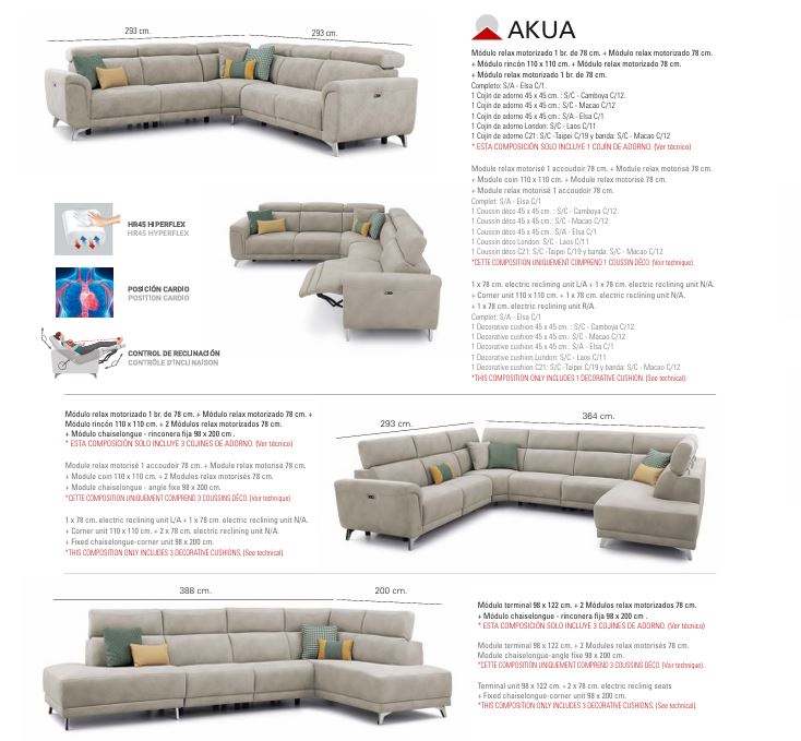 Canapé AKUA FIXE, Droit ou en Angle, Relax électrique