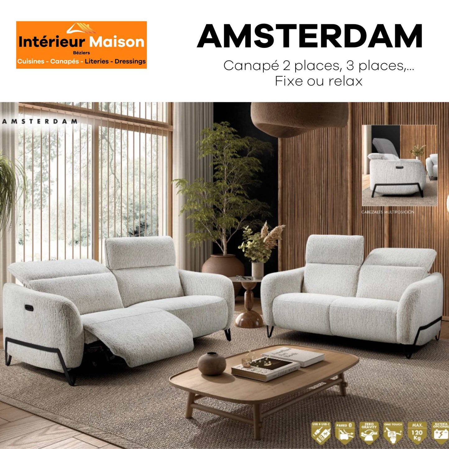 Canapé AMSTERDAM, 1 place Relax Electrique, 2 places Fixe, 3 places Relax électrique