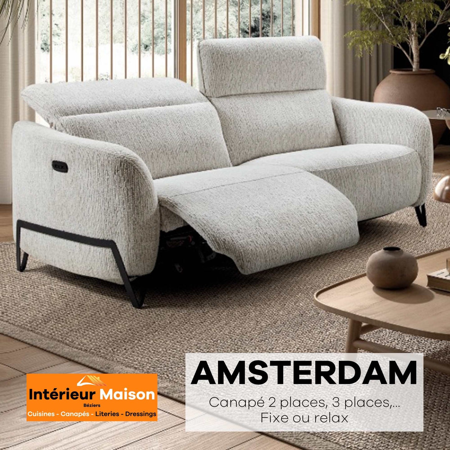 Canapé AMSTERDAM, 1 place Relax Electrique, 2 places Fixe, 3 places Relax électrique