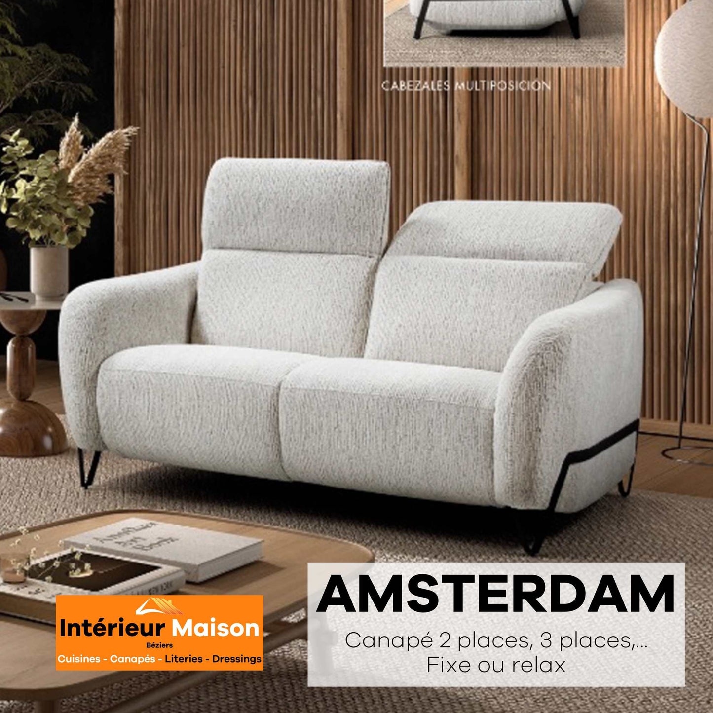 Canapé AMSTERDAM, 1 place Relax Electrique, 2 places Fixe, 3 places Relax électrique
