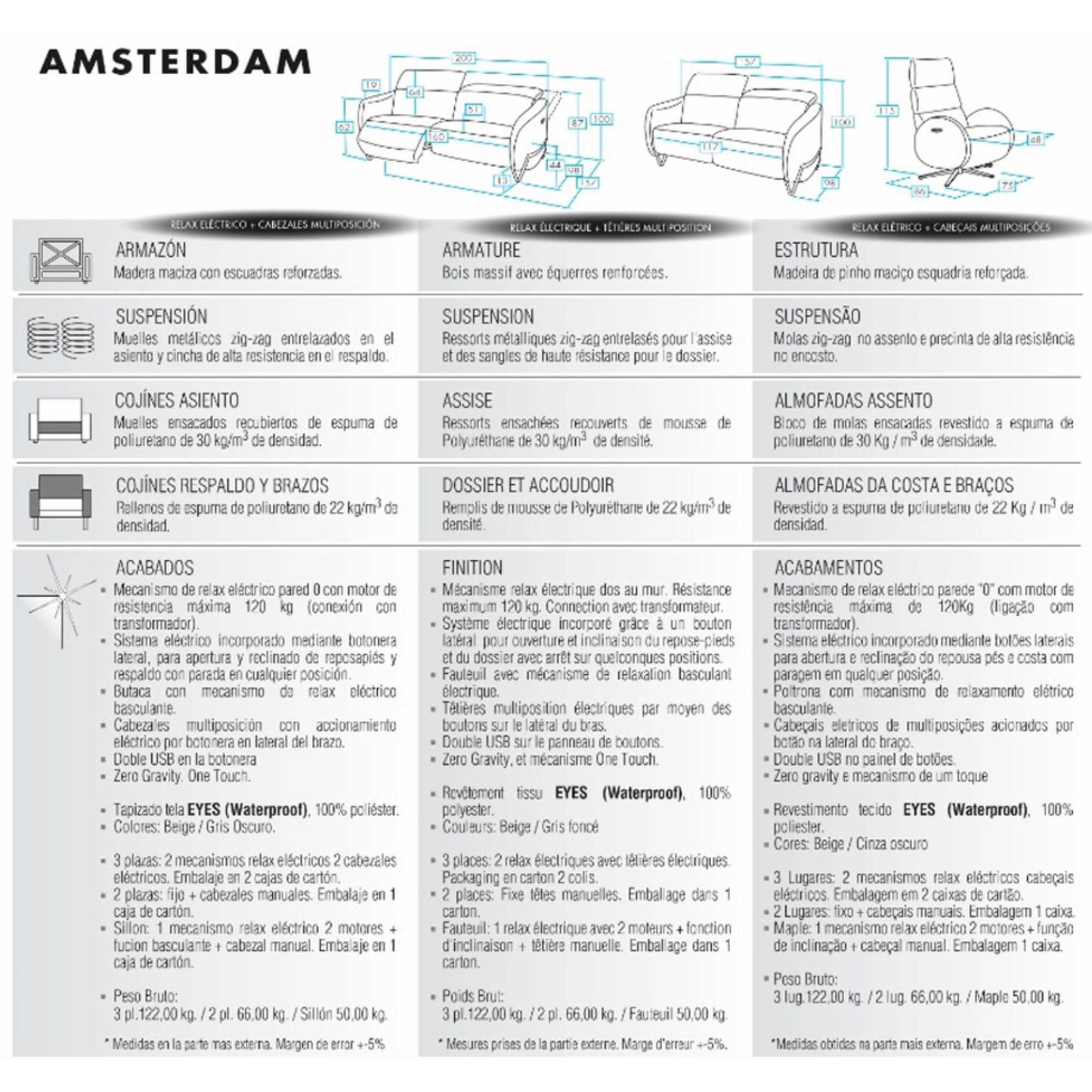 Canapé AMSTERDAM, 1 place Relax Electrique, 2 places Fixe, 3 places Relax électrique