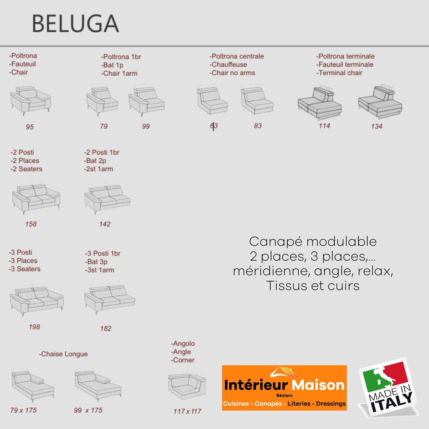 Canapé Modulable BELUGA, 2 places, 3 places, fixe, méridienne, angle,Relax electrique, etc...