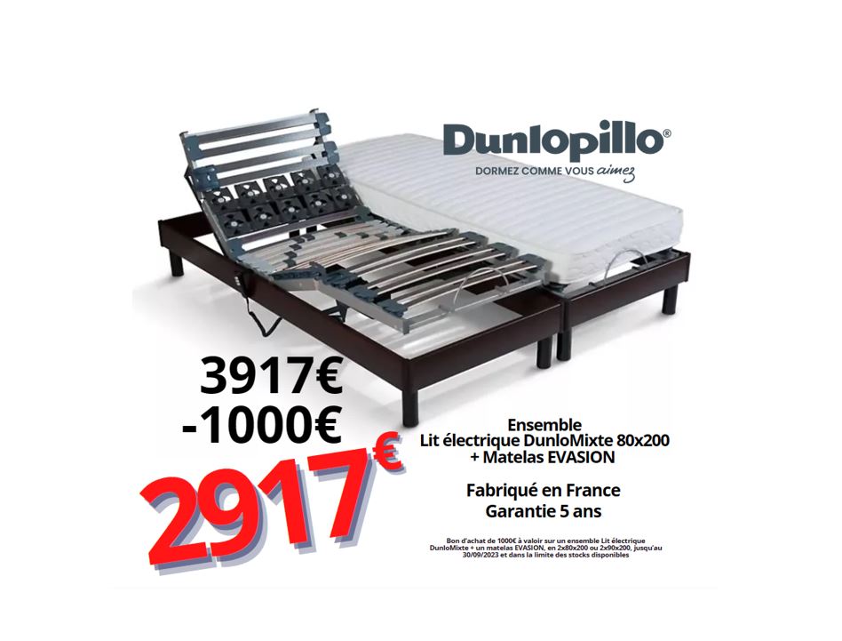PROMO BON D'ACHAT 1000€ Ensemble Lit électrique Dunlopillo DUNLOMIXTE + Matelas EVASION