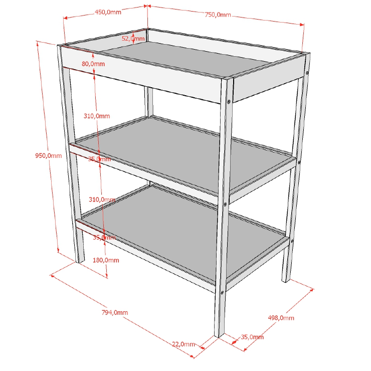 Plan de la table à langer, largeur 498 mm, longueur 794 mm, hauteur 950 mm. 2 étagères en dessous