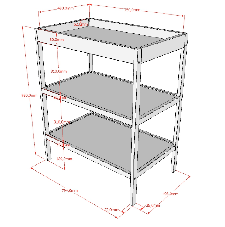 Plan de la table à langer, largeur 498 mm, longueur 794 mm, hauteur 950 mm. 2 étagères en dessous