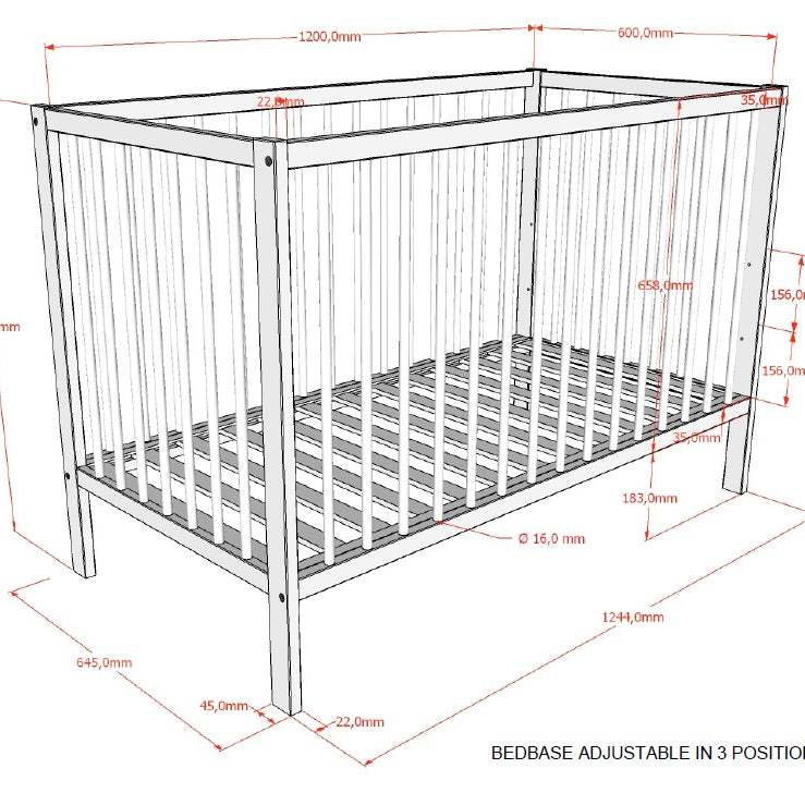 Plan du lit bébé, largeur 645 mm, longueur 1244 mm, hauteur 844 mm, sommier réglable en hauteur à 186 mm, puis, 339 mm et 495 mm