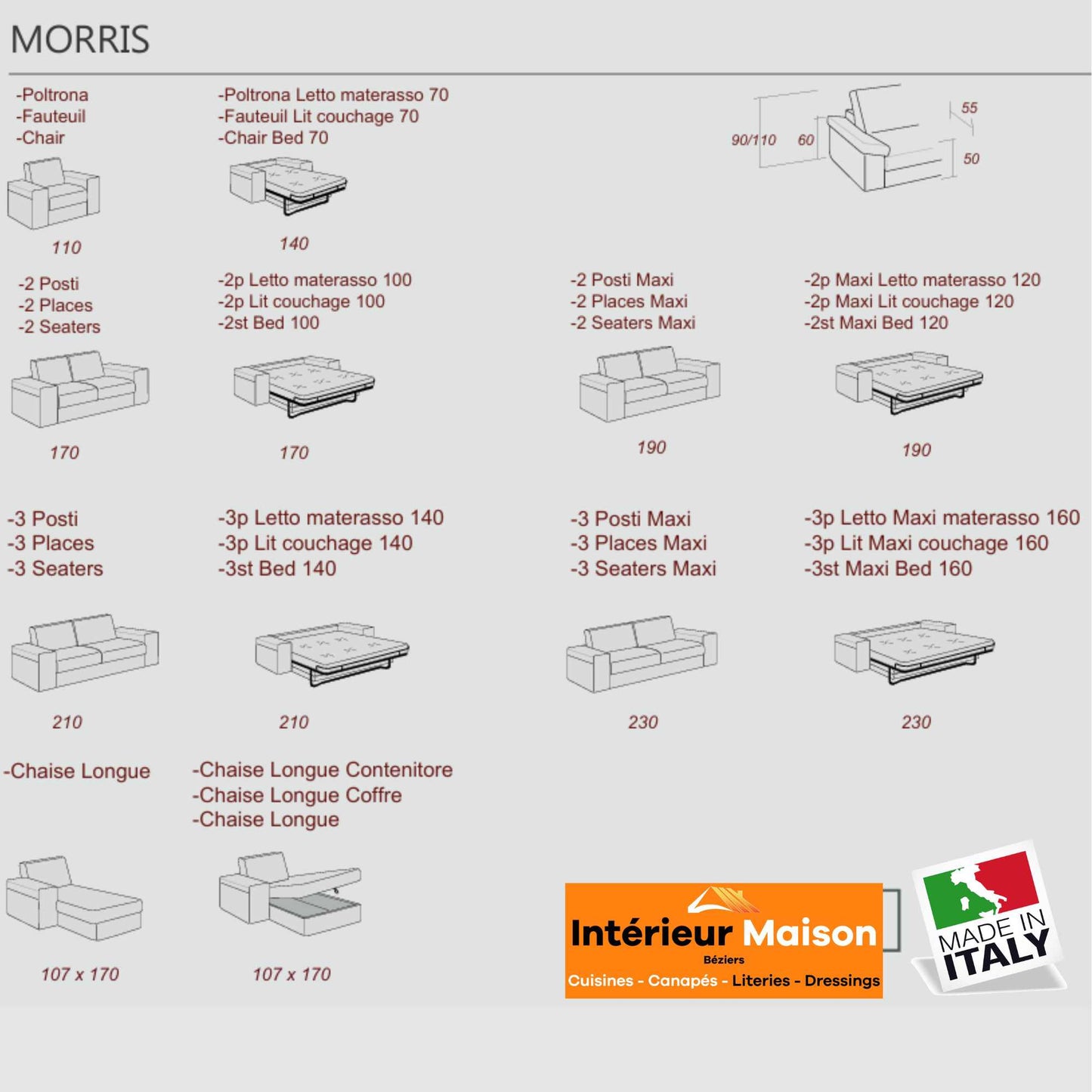 Canapé Modulable MORRIS, 2 places, 3 places, fixe, convertible, méridienne, angle, etc...