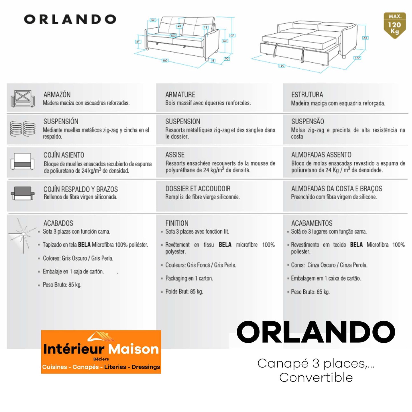 Canapé ORLANDO, 3 Places Convertible