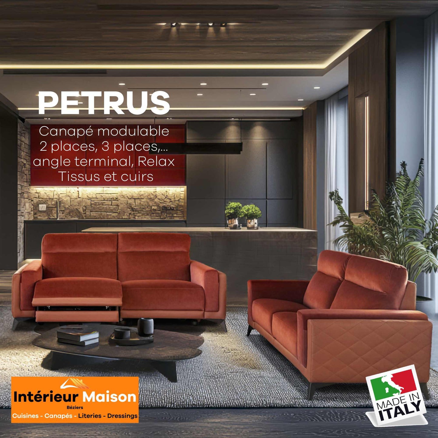 Canapé Modulable PETRUS, 2 places, 3 places, fixe, méridienne, angle,Relax électrique, etc...