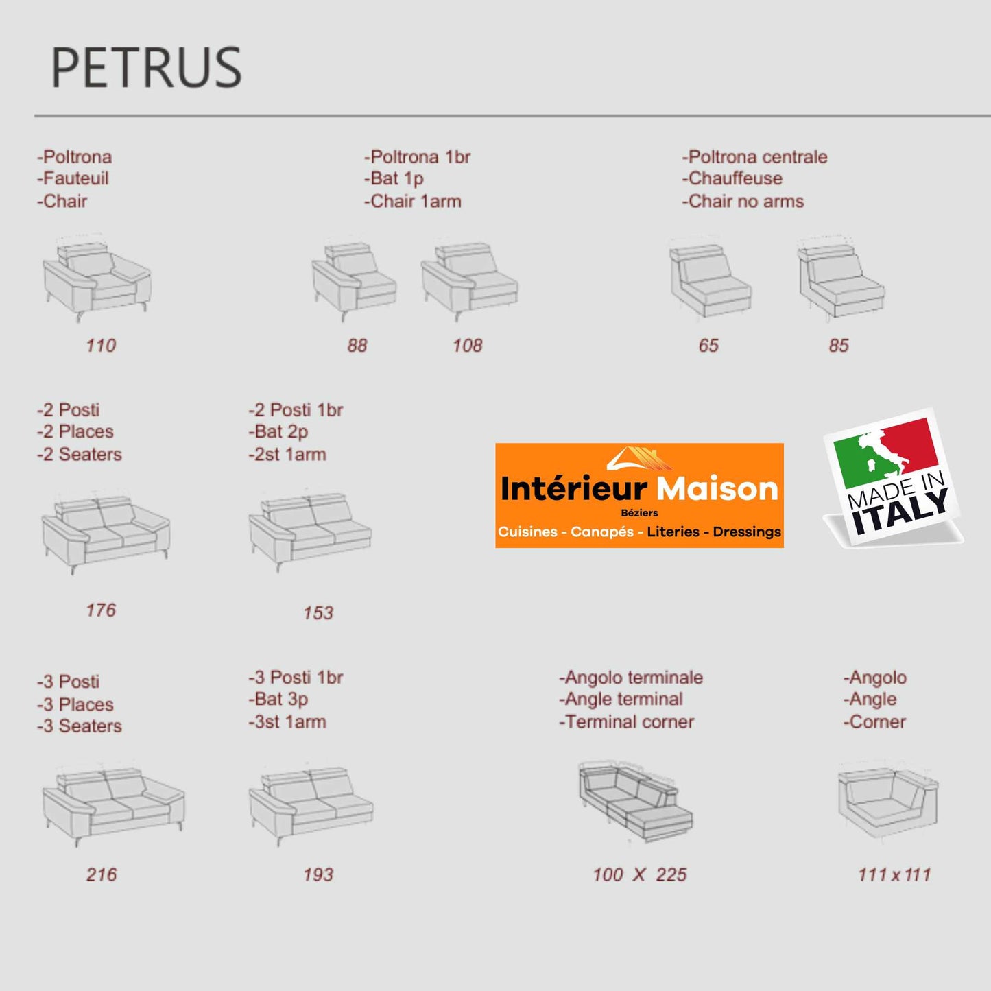 Canapé Modulable PETRUS, 2 places, 3 places, fixe, méridienne, angle,Relax électrique, etc...