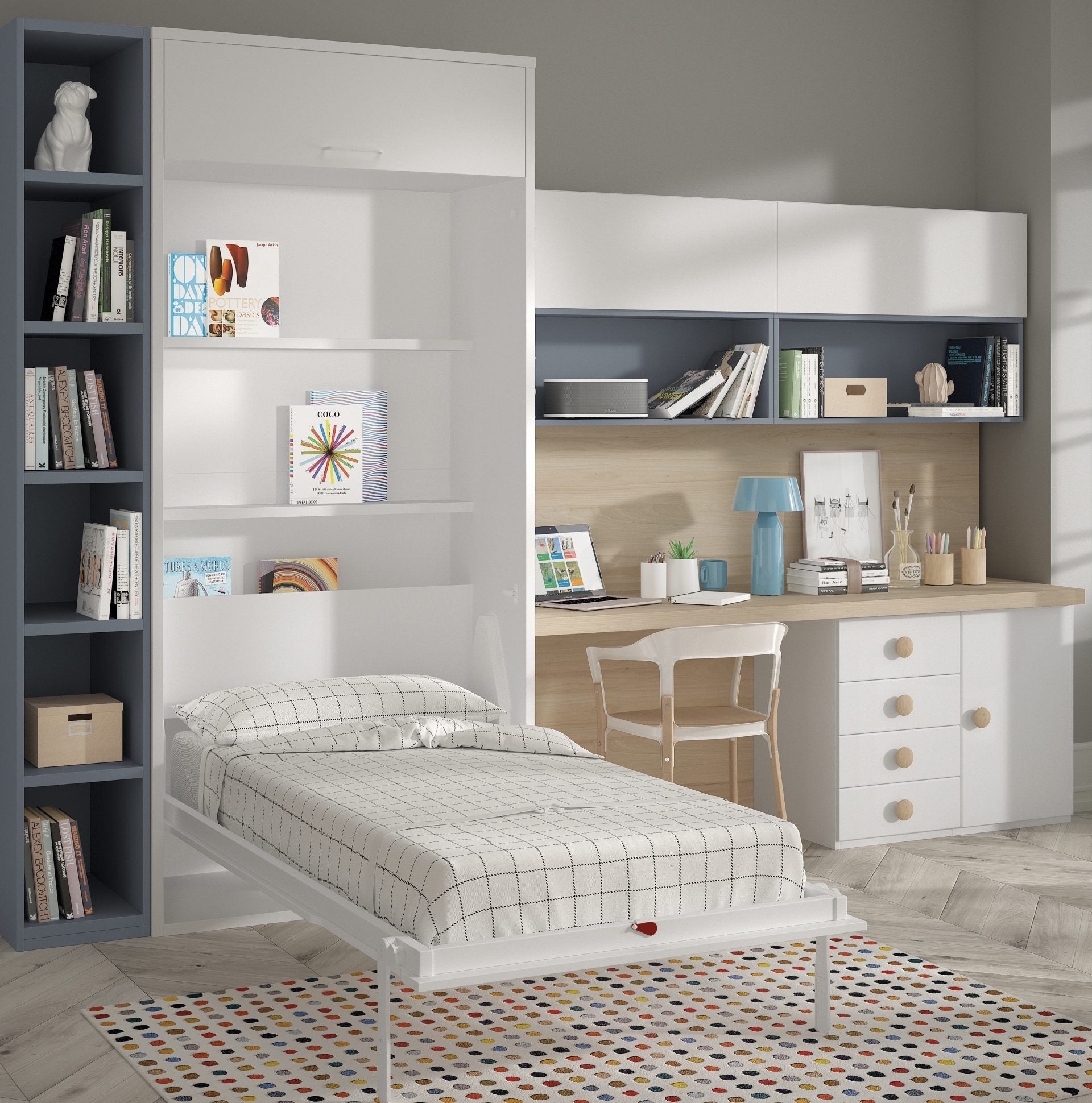 Ce lit intègre un bureau et des rangements pour que votre enfant puisse avoir un espace de travail