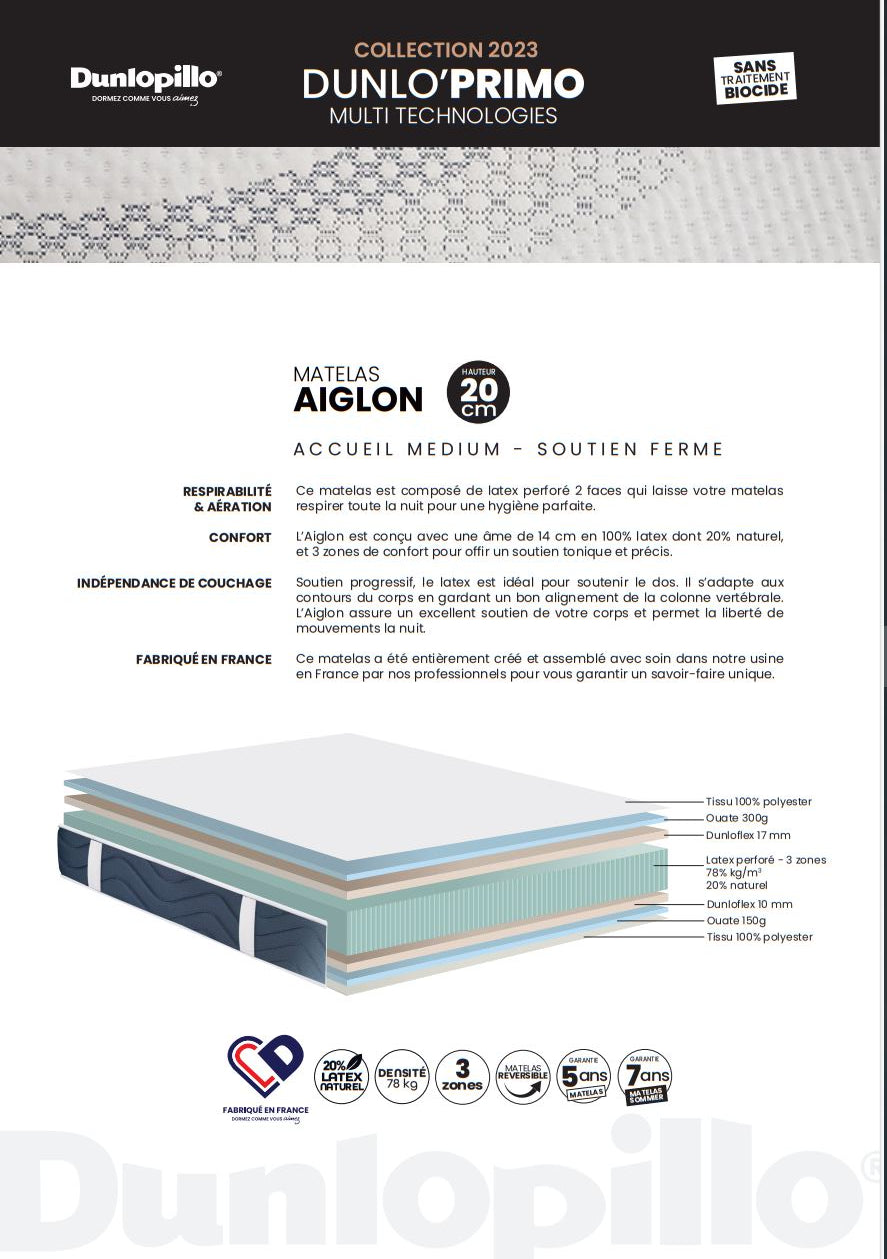 Matelas Dunlopillo Aiglon Béziers 120x190 120x200 140x190 140x200 160x200 180x200