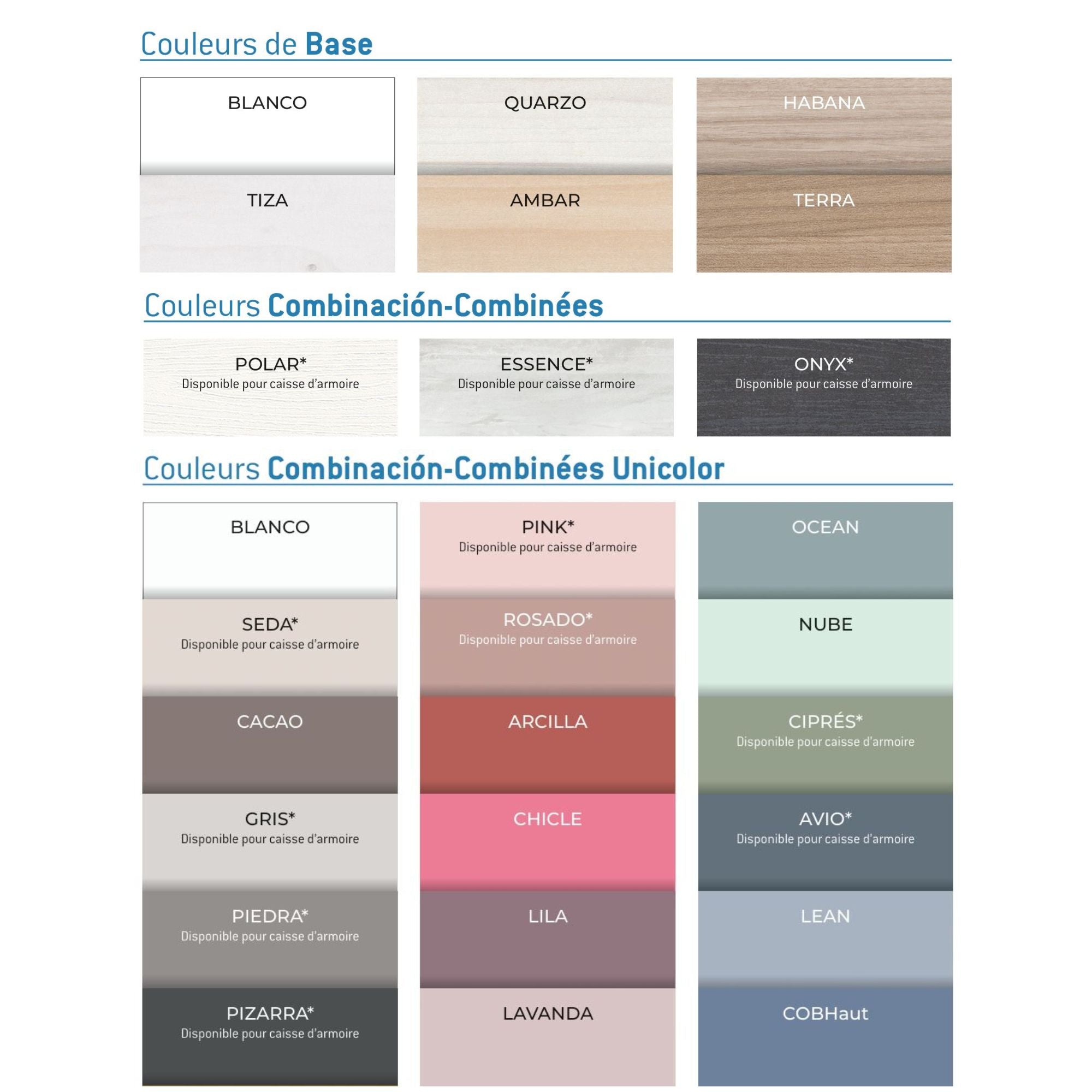 Toutes les couleurs disponibles pour les meubles