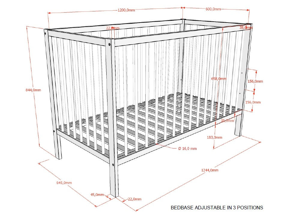 Plan du lit bébé, largeur 645 mm, longueur 1244 mm, hauteur 844 mm, sommier réglable en hauteur à 186 mm, puis, 339 mm et 495 mm