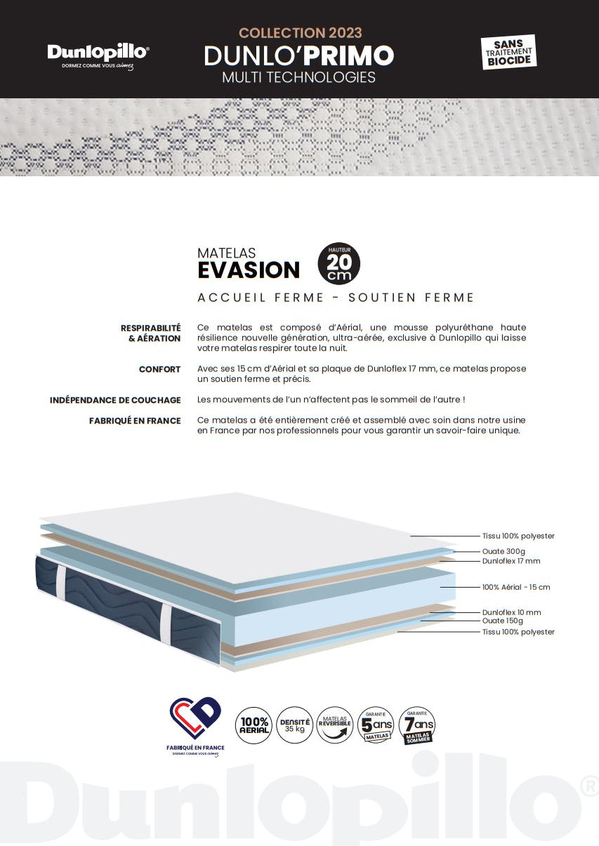 Matelas Dunlopillo Evasion Béziers 140x190 140x200 160x200 180x200 120x190 120x200 80x190 80x200