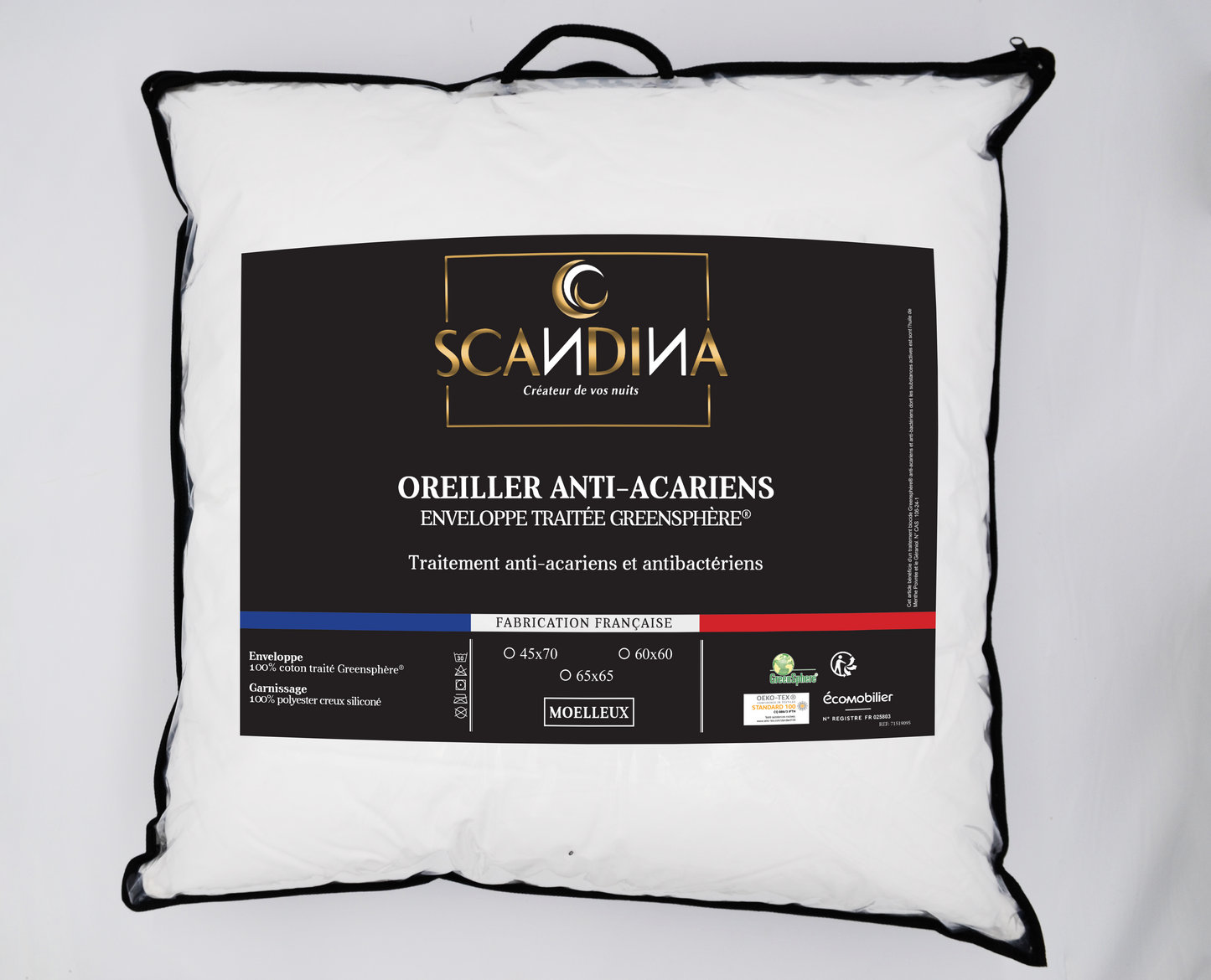 Oreiller Scandina GREENSPHERE anti-acariens et antibacteriens Moelleux 60X60