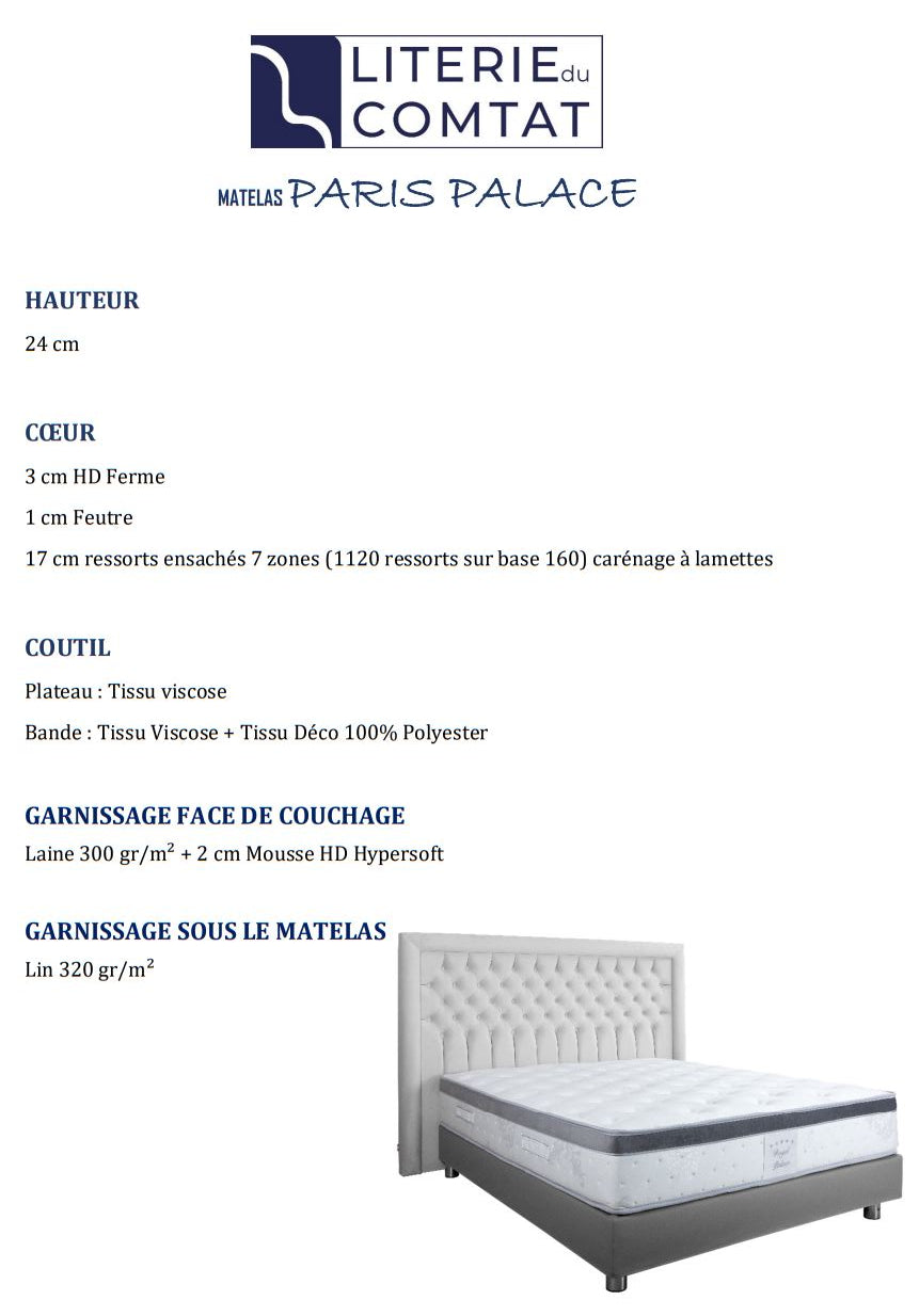 Matelas Paris Palace Literie du Comtat Béziers 140x190 140x200 160x200 180x200 200x200 100x200 120x190